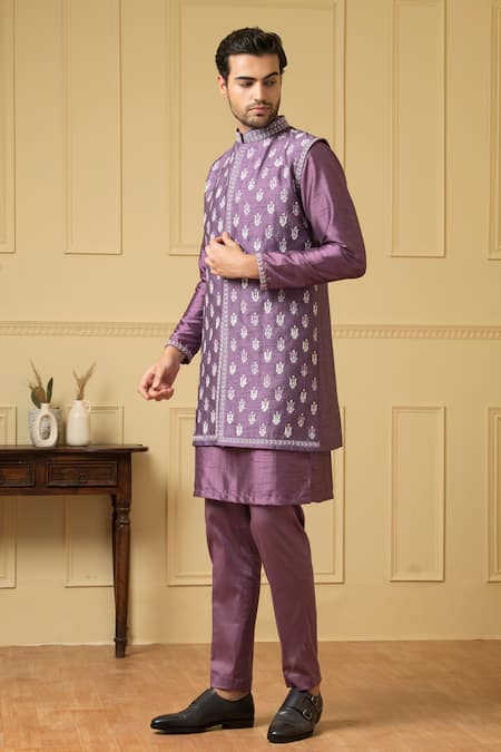 Hilo Design Purple Silk Embroidery Floral Bundi Kurta Set at Aza Fashions Hilo Design_Purple Silk Embroidery Floral Bundi Kurta Set _at_Aza_Fashions