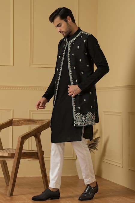 Hilo Design_Black Silk Embroidery Thread Bundi Kurta Set _Online_at_Aza_Fashions