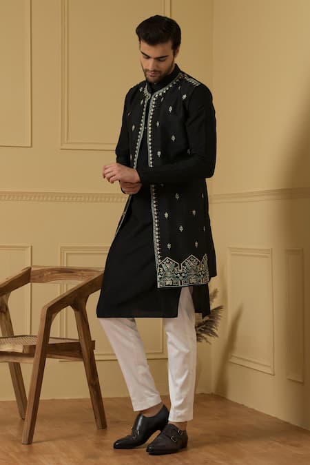 Buy_Hilo Design_Black Silk Embroidery Thread Bundi Kurta Set _Online_at_Aza_Fashions