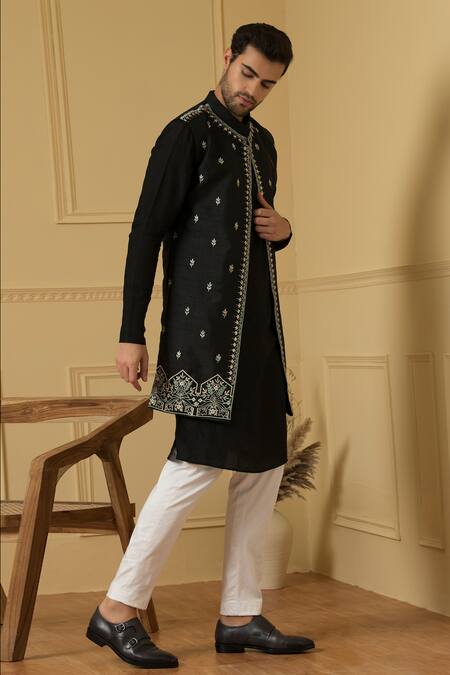 Shop_Hilo Design_Black Silk Embroidery Thread Bundi Kurta Set _Online_at_Aza_Fashions