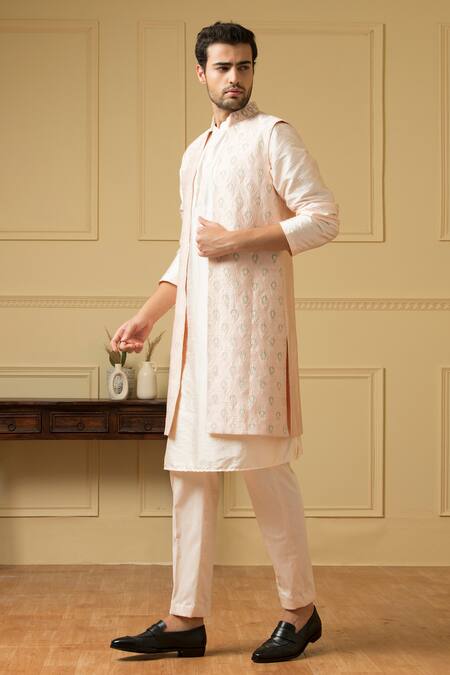 Shop_Hilo Design_Pink Silk Embroidery Pastel Threadwork Bundi Kurta Set _Online_at_Aza_Fashions