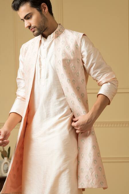 Hilo Design_Pink Silk Embroidery Pastel Threadwork Bundi Kurta Set _at_Aza_Fashions