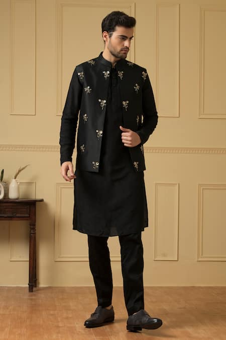 Hilo Design_Black Silk Sequins Embroidered Bundi Kurta Set _Online_at_Aza_Fashions