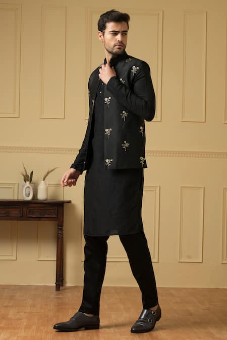 Shop_Hilo Design_Black Silk Sequins Embroidered Bundi Kurta Set _Online_at_Aza_Fashions