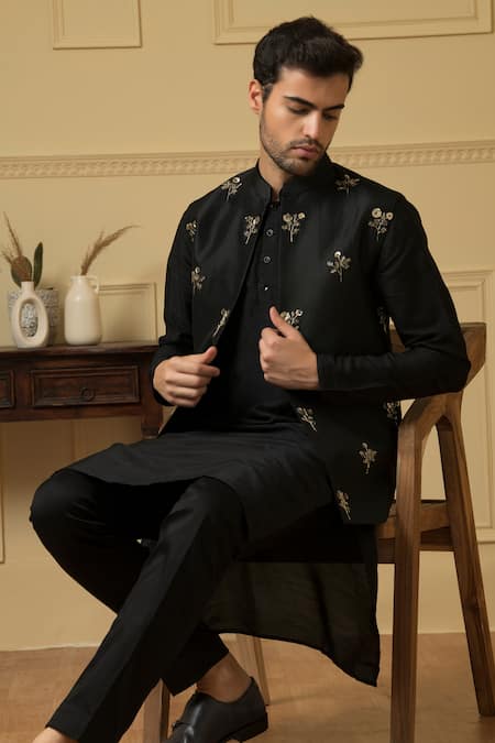 Hilo Design_Black Silk Sequins Embroidered Bundi Kurta Set _at_Aza_Fashions