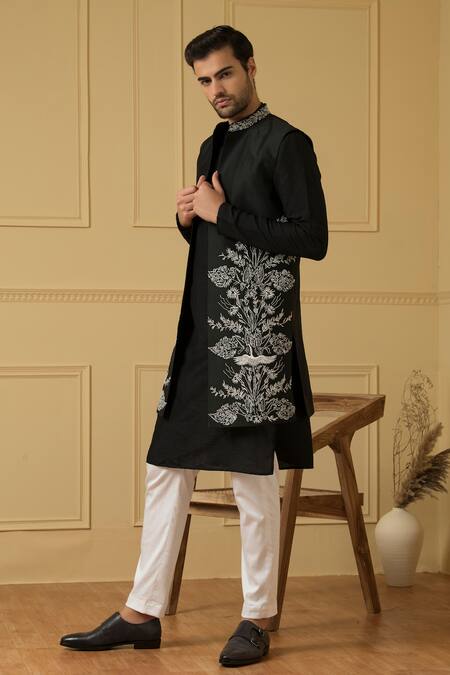 Hilo Design_Black Silk Zari Embroidered Bundi Kurta Set _Online_at_Aza_Fashions