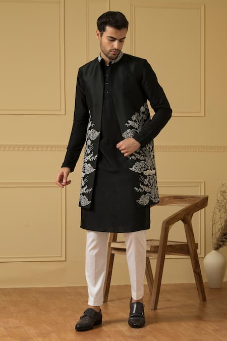 Buy_Hilo Design_Black Silk Zari Embroidered Bundi Kurta Set _Online_at_Aza_Fashions