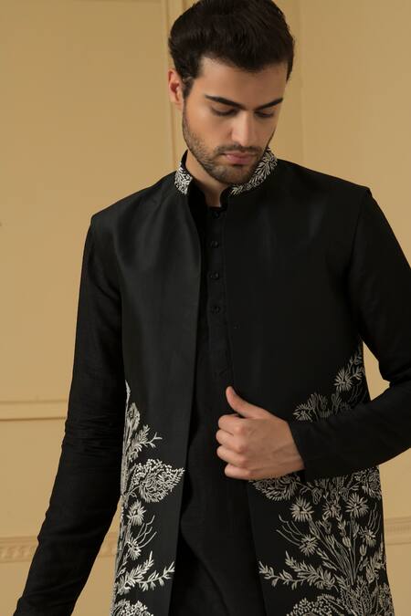Shop_Hilo Design_Black Silk Zari Embroidered Bundi Kurta Set _Online_at_Aza_Fashions