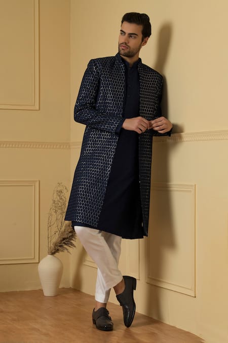 Hilo Design Blue Georgette, Silk, Cotton Embroidery Allure Honeycomb Jacket Kurta Set at Aza Fashions Hilo Design_Blue Georgette, Silk, Cotton Embroidery Allure Honeycomb Jacket Kurta Set _at_Aza_Fashions