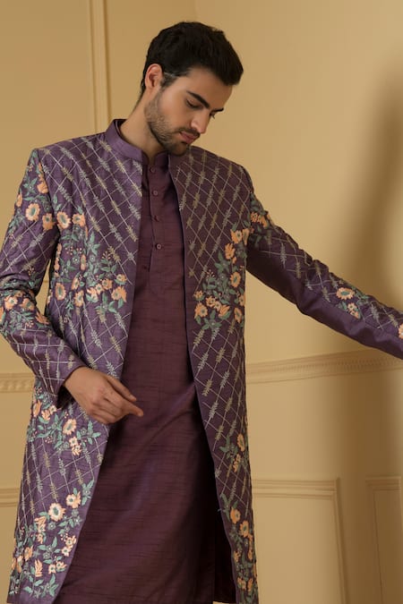 Hilo Design_Purple Silk, Cotton Embroidery Sueno Floral Jaal Jacket Kurta Set _Online_at_Aza_Fashions