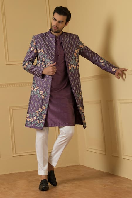 Buy_Hilo Design_Purple Silk, Cotton Embroidery Sueno Floral Jaal Jacket Kurta Set _Online_at_Aza_Fashions