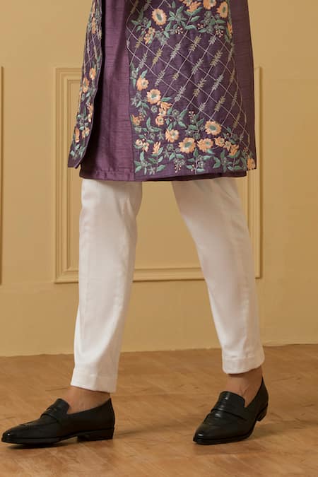 Shop_Hilo Design_Purple Silk, Cotton Embroidery Sueno Floral Jaal Jacket Kurta Set _Online_at_Aza_Fashions