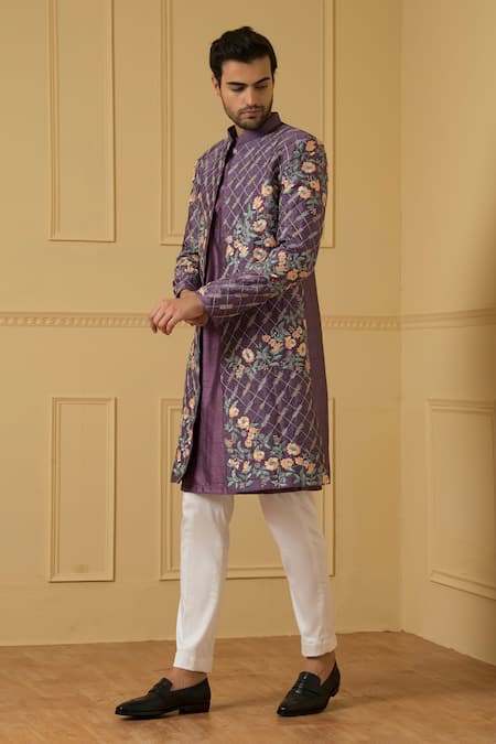 Hilo Design_Purple Silk, Cotton Embroidery Sueno Floral Jaal Jacket Kurta Set _at_Aza_Fashions