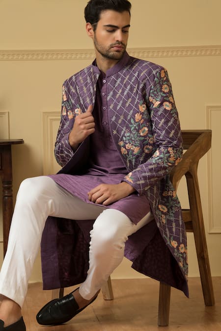 Buy_Hilo Design_Purple Silk, Cotton Embroidery Sueno Floral Jaal Jacket Kurta Set 