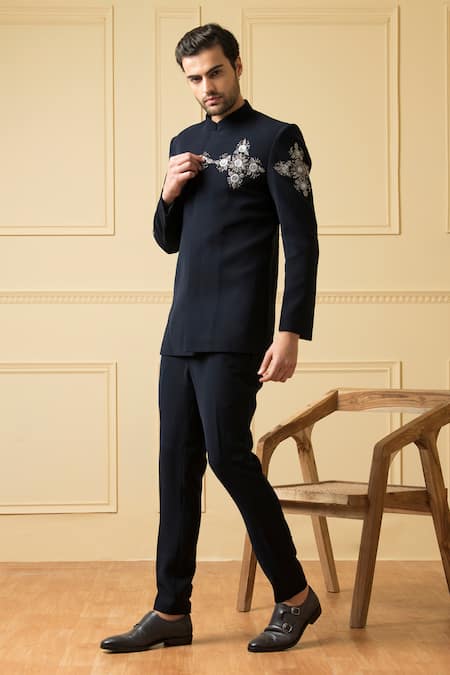 Shop Hilo Design Blue Cotton Embroidery Noble Floral Bandhgala With Pant at Aza Fashions Shop_Hilo Design_Blue Cotton Embroidery Noble Floral Bandhgala With Pant _at_Aza_Fashions