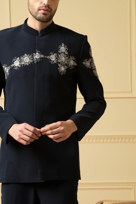 Hilo Design Blue Cotton Embroidery Noble Floral Bandhgala With Pant Online at Aza Fashions Hilo Design_Blue Cotton Embroidery Noble Floral Bandhgala With Pant _Online_at_Aza_Fashions