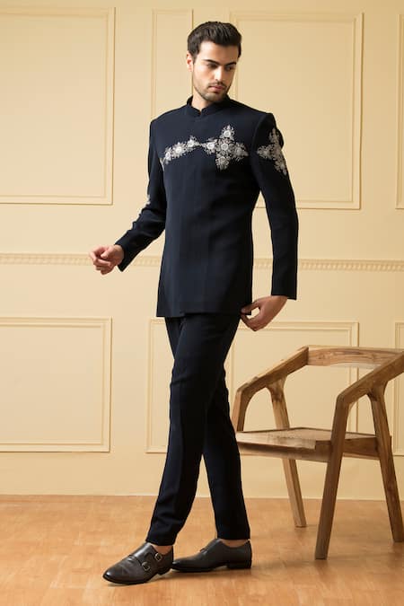 Shop Hilo Design Blue Cotton Embroidery Noble Floral Bandhgala With Pant Online at Aza Fashions Shop_Hilo Design_Blue Cotton Embroidery Noble Floral Bandhgala With Pant _Online_at_Aza_Fashions