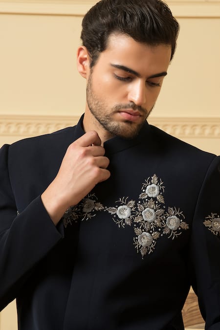 Hilo Design Blue Cotton Embroidery Noble Floral Bandhgala With Pant at Aza Fashions Hilo Design_Blue Cotton Embroidery Noble Floral Bandhgala With Pant _at_Aza_Fashions