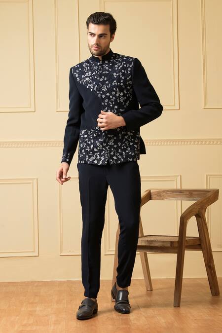 Hilo Design_Blue Silk Embroidery Valiente Blossom Bandhgala With Pant _Online_at_Aza_Fashions