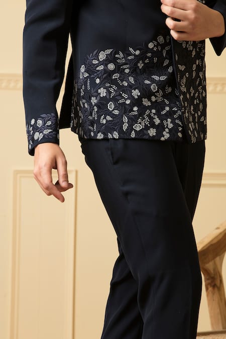 Shop_Hilo Design_Blue Silk Embroidery Valiente Blossom Bandhgala With Pant _Online_at_Aza_Fashions