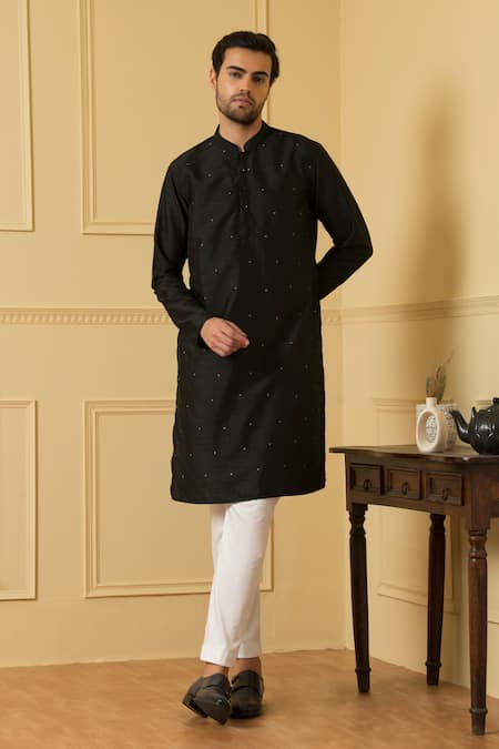 Hilo Design Black Semi Raw Silk Dot Estilo Pattern Kurta 