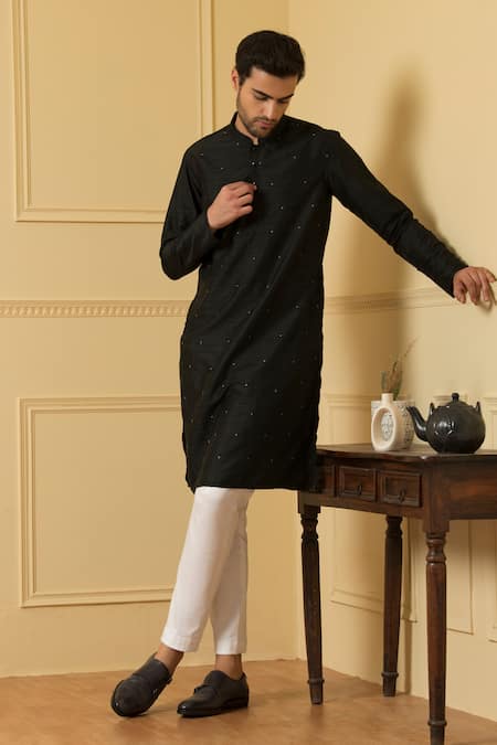 Hilo Design_Black Silk Embroidery Dot Pattern Kurta For Kids_Online_at_Aza_Fashions