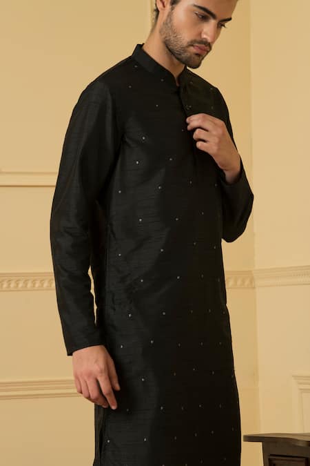 Buy_Hilo Design_Black Silk Embroidery Dot Pattern Kurta For Kids_Online_at_Aza_Fashions