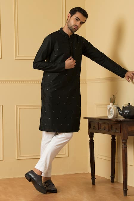 Shop_Hilo Design_Black Silk Embroidery Dot Pattern Kurta For Kids_Online_at_Aza_Fashions