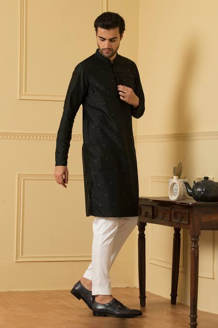 Hilo Design_Black Silk Embroidery Dot Pattern Kurta For Kids_at_Aza_Fashions