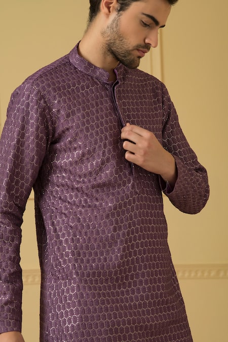 Shop Hilo Design Purple Georgette, Cotton Embroidery Honeycomb Pattern Kurta With Pant Online at Aza Fashions Shop_Hilo Design_Purple Georgette, Cotton Embroidery Honeycomb Pattern Kurta With Pant_Online_at_Aza_Fashions
