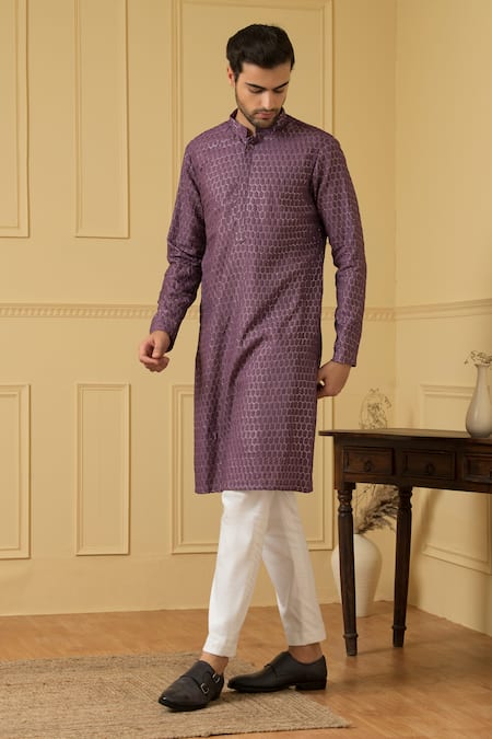 Hilo Design Purple Georgette, Cotton Embroidery Honeycomb Pattern Kurta With Pant at Aza Fashions Hilo Design_Purple Georgette, Cotton Embroidery Honeycomb Pattern Kurta With Pant_at_Aza_Fashions