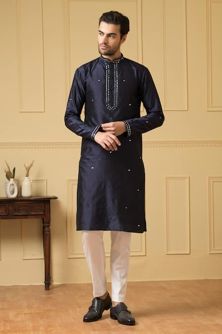 Hilo Design Blue Silk Mirrors Embellished Kurta
