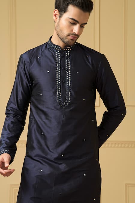 Hilo Design Blue Silk Mirrors Embellished Kurta Online at Aza Fashions Hilo Design_Blue Silk Mirrors Embellished Kurta _Online_at_Aza_Fashions
