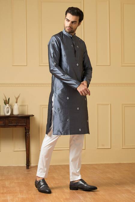 Hilo Design_Blue Silk Embroidery, Mirrors Armonia Kurta _Online_at_Aza_Fashions