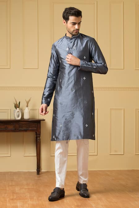 Shop Hilo Design Blue Silk, Cotton Embroidery Armonia Mirror Kurta Set at Aza Fashions Shop_Hilo Design_Blue Silk, Cotton Embroidery Armonia Mirror Kurta Set _at_Aza_Fashions