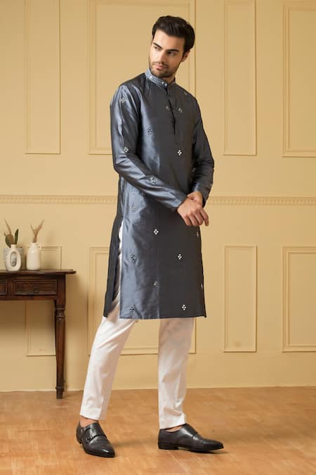Hilo Design Blue Silk, Cotton Embroidery Armonia Mirror Kurta Set Online at Aza Fashions Hilo Design_Blue Silk, Cotton Embroidery Armonia Mirror Kurta Set _Online_at_Aza_Fashions