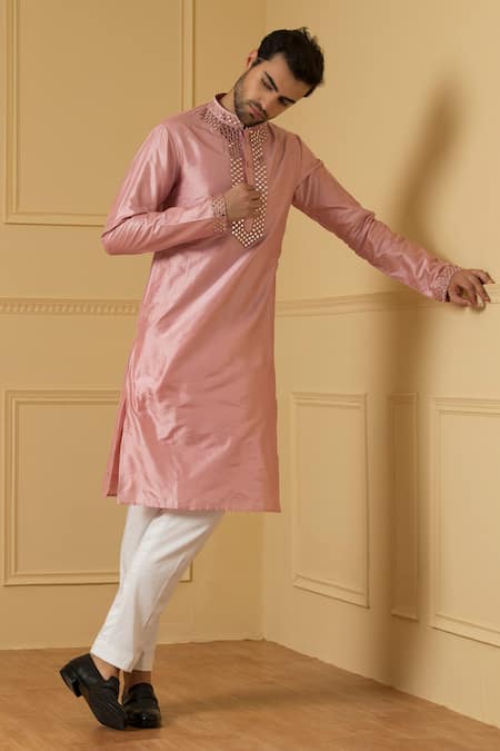 Shop Hilo Design Pink Silk Embroidery, Mirrors Elegencia Placket Kurta at Aza Fashions Shop_Hilo Design_Pink Silk Embroidery, Mirrors Elegencia Placket Kurta _at_Aza_Fashions
