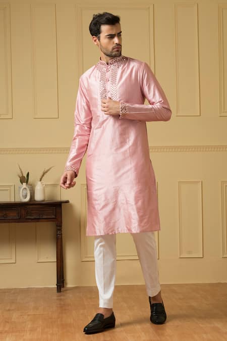 Hilo Design Pink Silk Embroidery, Mirrors Elegencia Placket Kurta Online at Aza Fashions Hilo Design_Pink Silk Embroidery, Mirrors Elegencia Placket Kurta _Online_at_Aza_Fashions