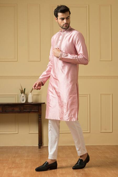 Shop Hilo Design Pink Silk Embroidery, Mirrors Elegencia Placket Kurta Online at Aza Fashions Shop_Hilo Design_Pink Silk Embroidery, Mirrors Elegencia Placket Kurta _Online_at_Aza_Fashions