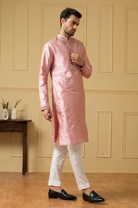 Hilo Design Pink Silk Embroidery, Mirrors Elegencia Placket Kurta at Aza Fashions Hilo Design_Pink Silk Embroidery, Mirrors Elegencia Placket Kurta _at_Aza_Fashions