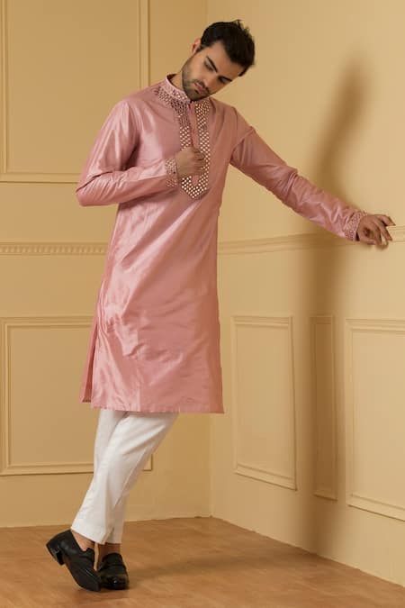 Shop Hilo Design Pink Silk, Cotton Mirrors, Embroidery Elegencia Placement Kurta Set at Aza Fashions Shop_Hilo Design_Pink Silk, Cotton Mirrors, Embroidery Elegencia Placement Kurta Set _at_Aza_Fashions