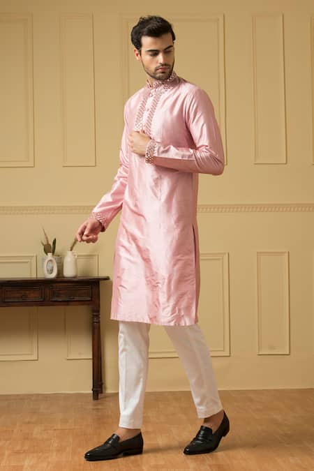 Shop Hilo Design Pink Silk, Cotton Mirrors, Embroidery Elegencia Placement Kurta Set Online at Aza Fashions Shop_Hilo Design_Pink Silk, Cotton Mirrors, Embroidery Elegencia Placement Kurta Set _Online_at_Aza_Fashions