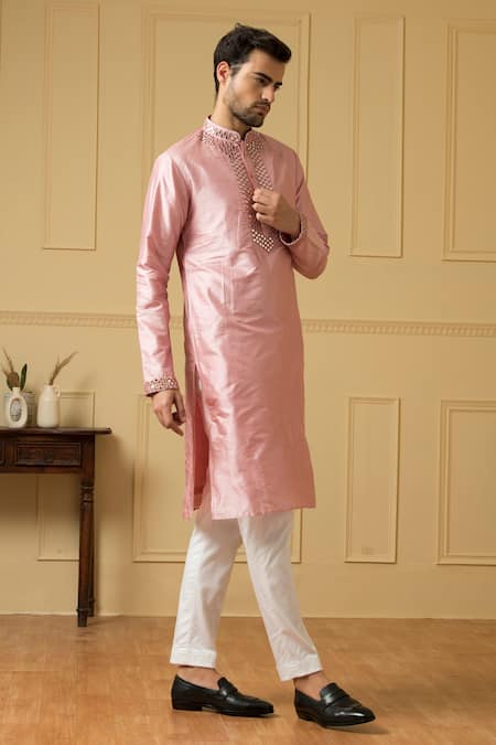 Hilo Design Pink Silk, Cotton Mirrors, Embroidery Elegencia Placement Kurta Set at Aza Fashions Hilo Design_Pink Silk, Cotton Mirrors, Embroidery Elegencia Placement Kurta Set _at_Aza_Fashions