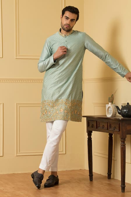 Hilo Design Blue Silk Embroidery Aura Zari Kurta