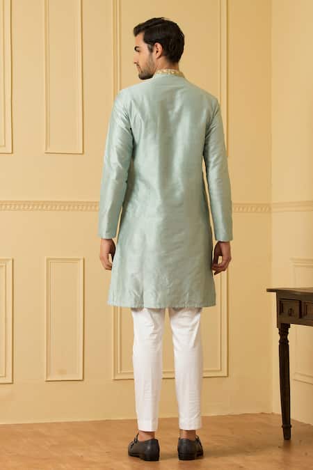 Shop Hilo Design Blue Silk, Cotton Embroidery Aura Zari Kurta Set at Aza Fashions Shop_Hilo Design_Blue Silk, Cotton Embroidery Aura Zari Kurta Set _at_Aza_Fashions