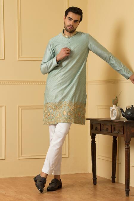 Hilo Design Blue Silk, Cotton Embroidery Aura Zari Kurta Set Online at Aza Fashions Hilo Design_Blue Silk, Cotton Embroidery Aura Zari Kurta Set _Online_at_Aza_Fashions