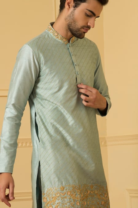 Hilo Design Blue Silk, Cotton Embroidery Aura Zari Kurta Set at Aza Fashions Hilo Design_Blue Silk, Cotton Embroidery Aura Zari Kurta Set _at_Aza_Fashions