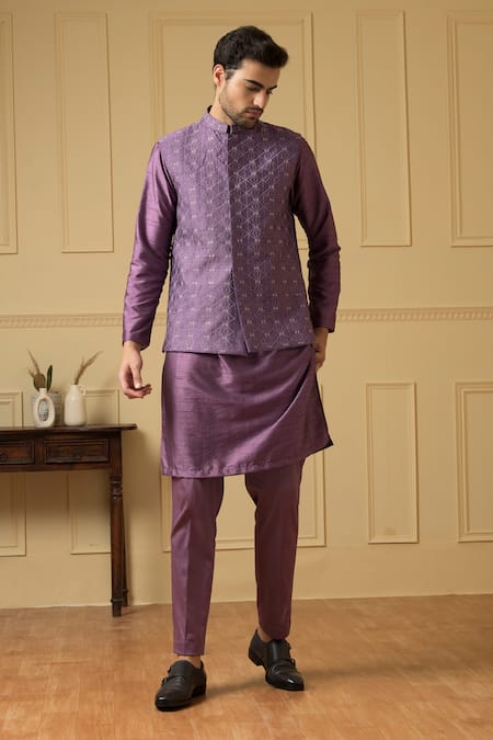 Hilo Design Purple Silk Embroidery, Zari Hand Bundi Kurta Set Online at Aza Fashions Hilo Design_Purple Silk Embroidery, Zari Hand Bundi Kurta Set _Online_at_Aza_Fashions