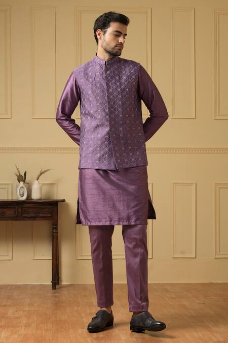 Buy Hilo Design Purple Silk Embroidery, Zari Hand Bundi Kurta Set Online at Aza Fashions Buy_Hilo Design_Purple Silk Embroidery, Zari Hand Bundi Kurta Set _Online_at_Aza_Fashions