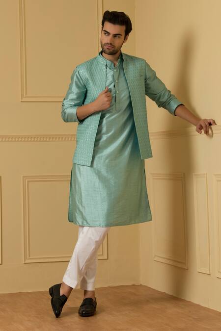 Hilo Design Blue , Chanderi Embroidery, Zari Hand Bundi Kurta Set Online at Aza Fashions Hilo Design_Blue , Chanderi Embroidery, Zari Hand Bundi Kurta Set _Online_at_Aza_Fashions